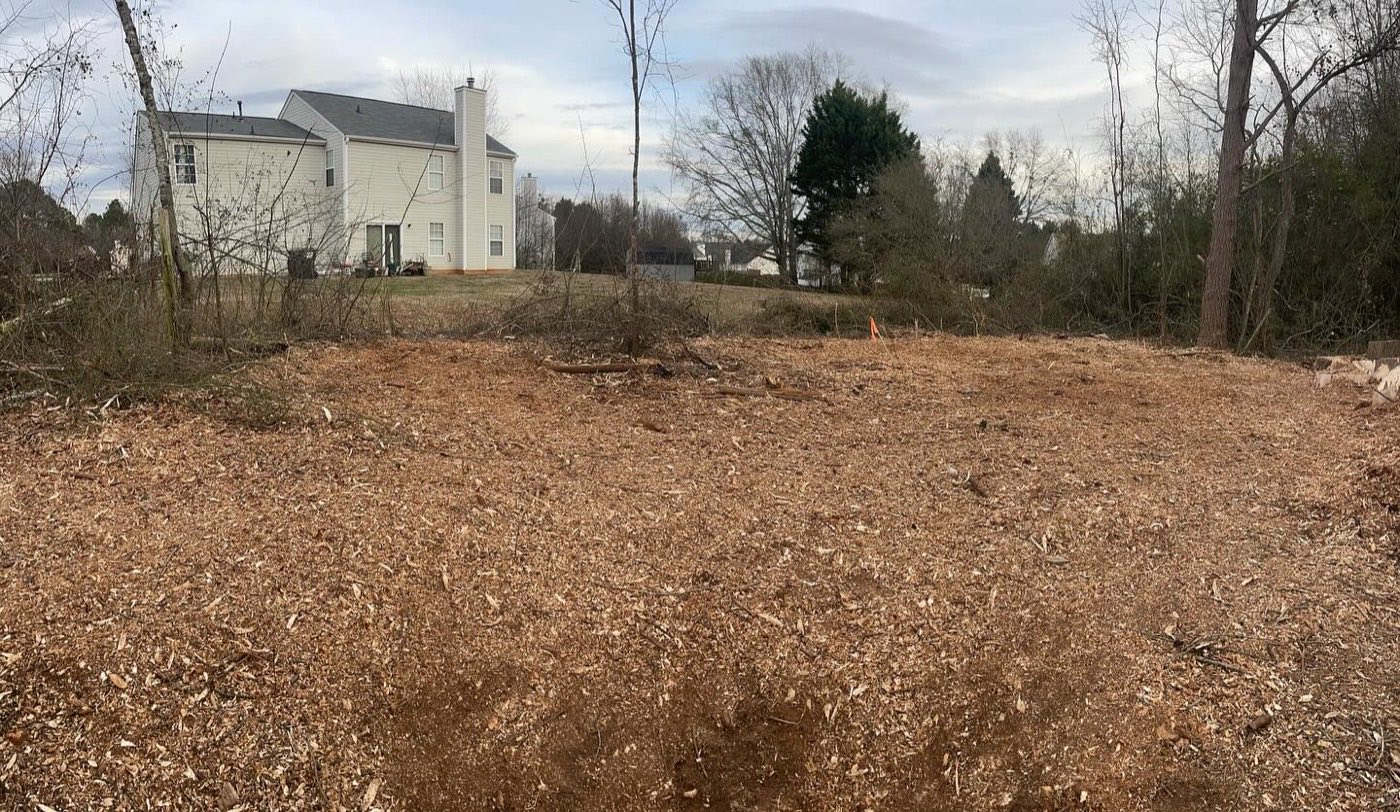 Cleared lot ground flat, chips leveled, ready for grass
